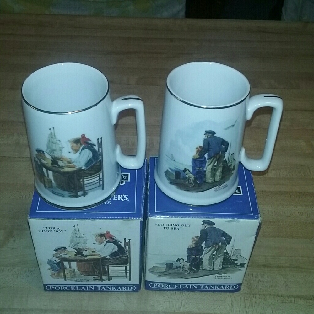 Lot Of 2 Vintage 1985 Norman Rockwell Seafarers Porcelain Mugs Long John Silvers